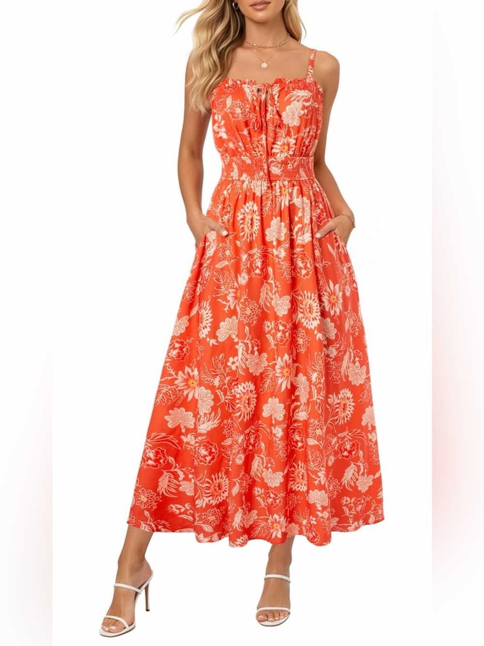 Grace Karin Orange Floral Maxi Dress with Smocked Bodice